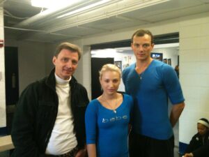 Oleg Vassiliev and a young pair team for the manleywoman skatecast, a figure skating podcast