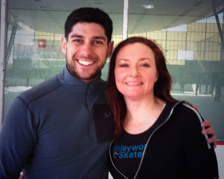 Allison manley and Brent Bommentre in a photo for the manleywoman skatecast, a figure skating podcast
