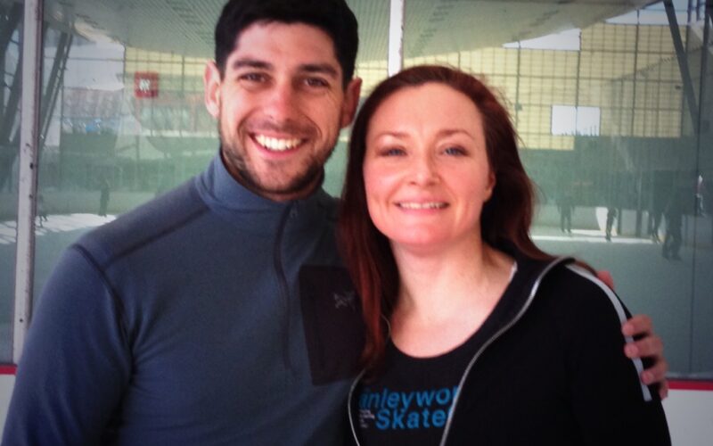 Allison manley and Brent Bommentre in a photo for the manleywoman skatecast, a figure skating podcast