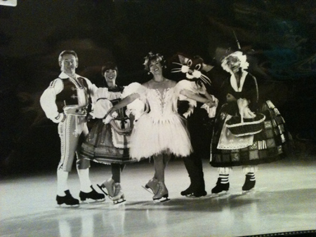 Alexander Fadeev on the left, Jennifer Ito, Dorothy Hamill, and two characters in a photo for the Manleywoman Skatecast, a figure skating podcast