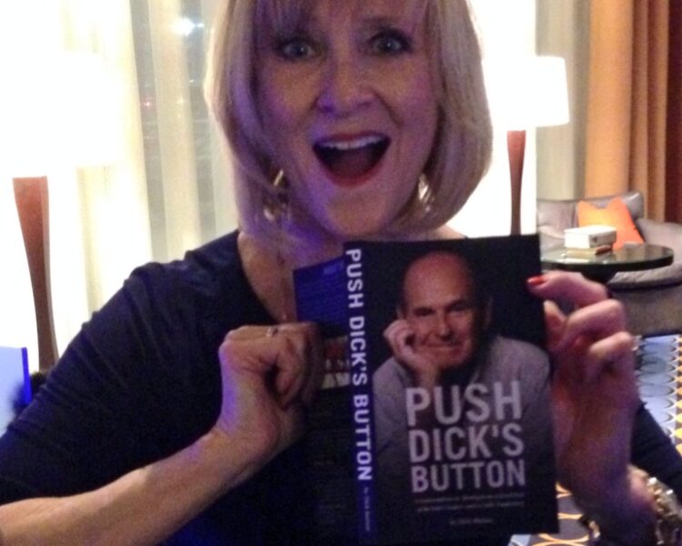 JoJo Starbuck holding up a copy of Dick Button's book in a photo for the manleywoman skatecast, a figure skating podcast