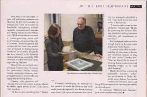 Image from 2011 Skating Magazine article with Allison Manley and Barlow Nelson in a photo for the Manleywoman Skatecast, a figure skating podcast