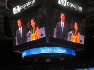 Brian Boitano and Michelle Kwan on jumbotron