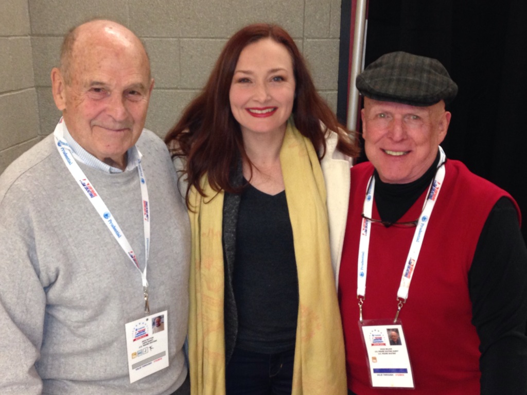 Allison Mnaley with Dick Button and Doug Wilson in a photo for for the manleywoman skatecast, a figure skating podcast