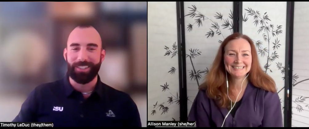 Allison Manley and Timothy LeDuc on a Zoom call.