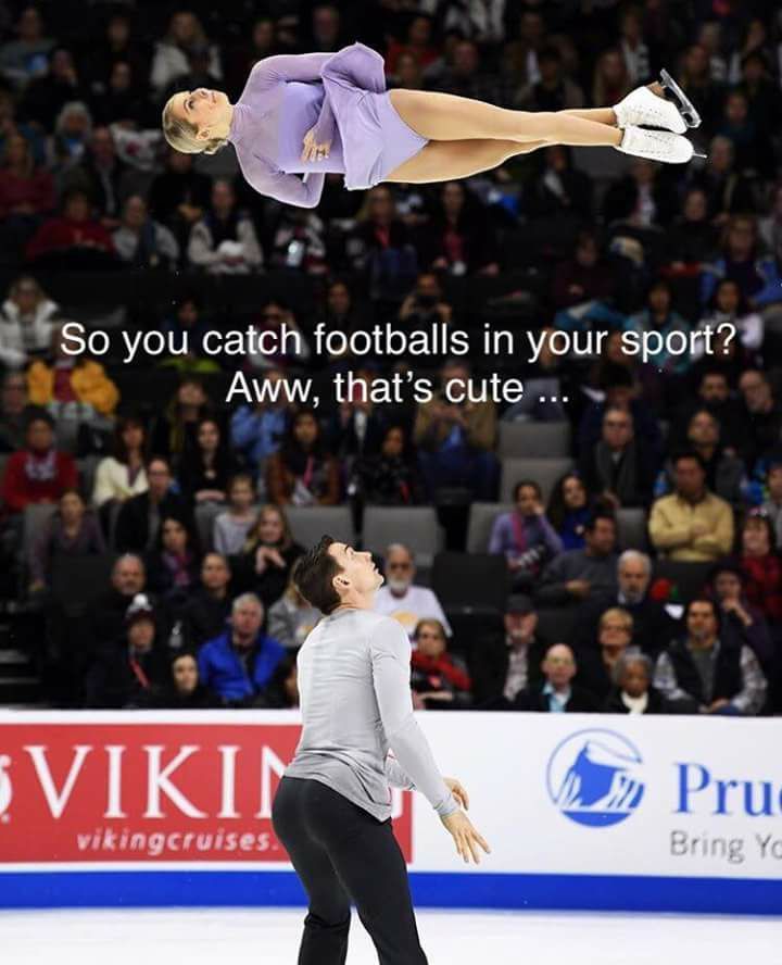 Alexa and Chris Knierim executing a quad twist in the 2018 Olympics. The text in the space between them says "Do you catch footballs in your sport? Oh that's cute."